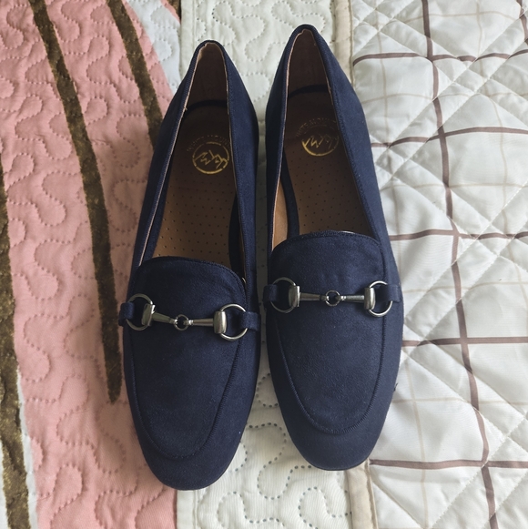 White Mountain Shoes - White Mountain Navy Suede Bit Loafers with Silver Hardware